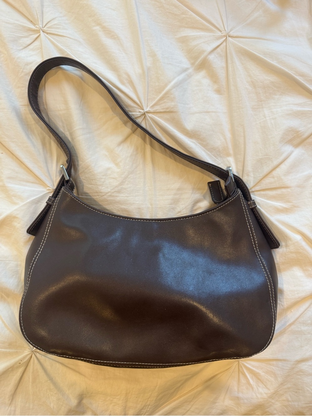 Charter Club Dark Brown Leather Shoulder Bag with Front Zip - Picture 2 of 3